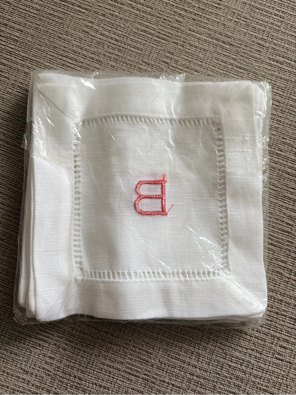 Monogrammed White Linen Napkins with Red 'B'